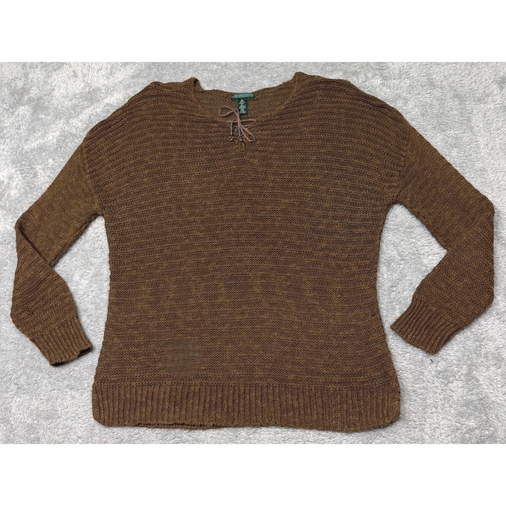 Lauren Ralph Lauren Sweater Womens XL Brown Linen Cotton Knit Lace Up Pullover